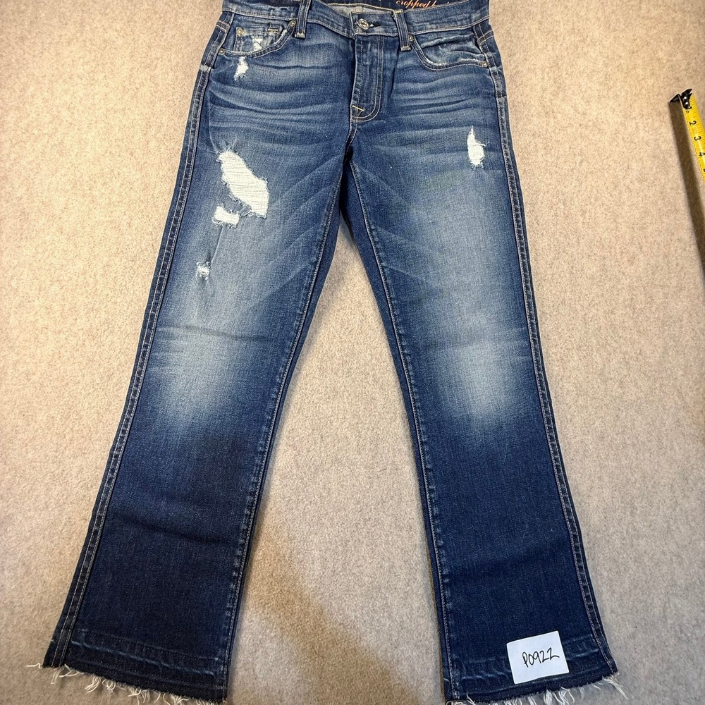 7 For All Mankind Cropped Bootcut Jeans Distressed Raw Hem Medium Wash 27